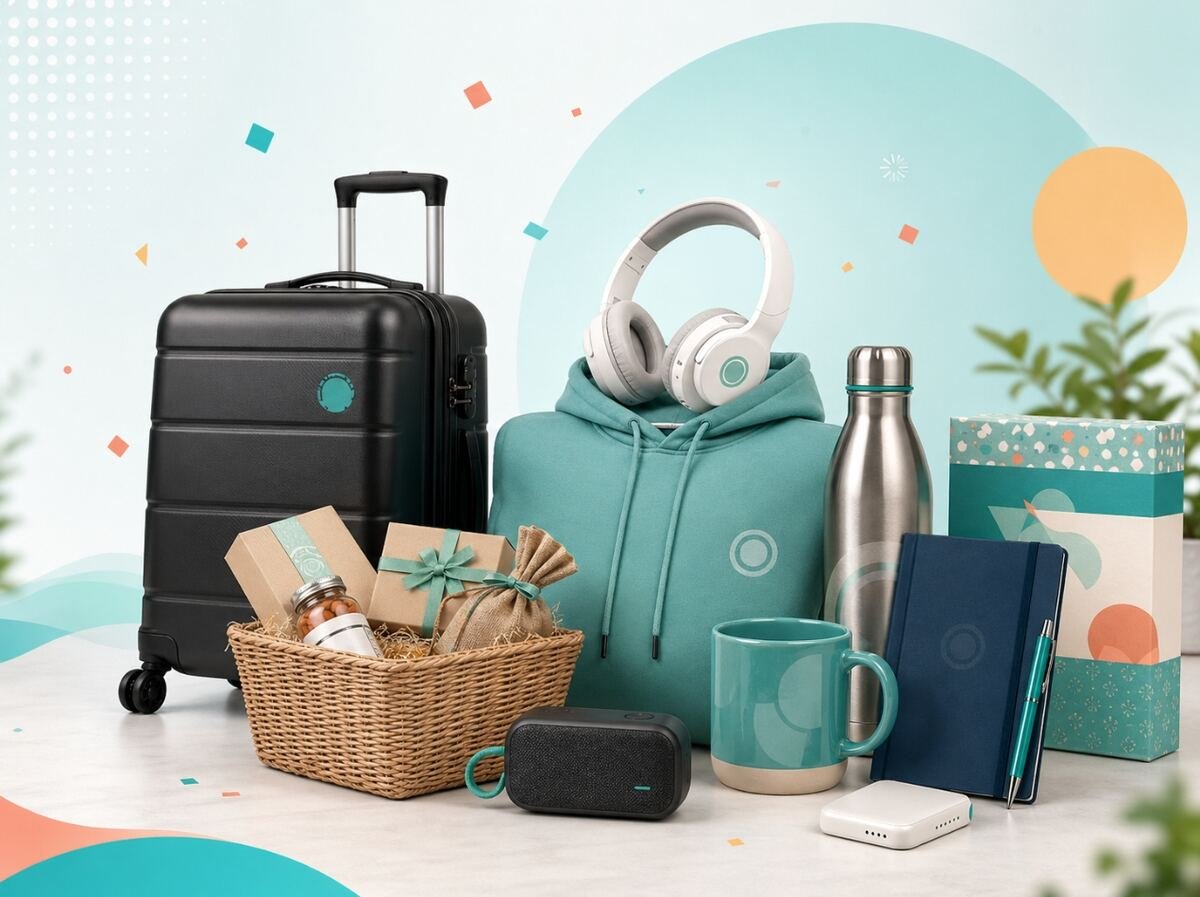 Curated corporate gift box with branded mug and notebook